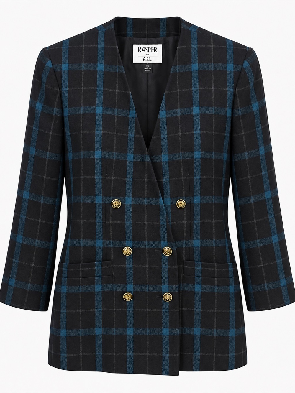 Vintage Kasper for A.S.L. Size 10 Black Teal Plaid Double-Breasted Blazer